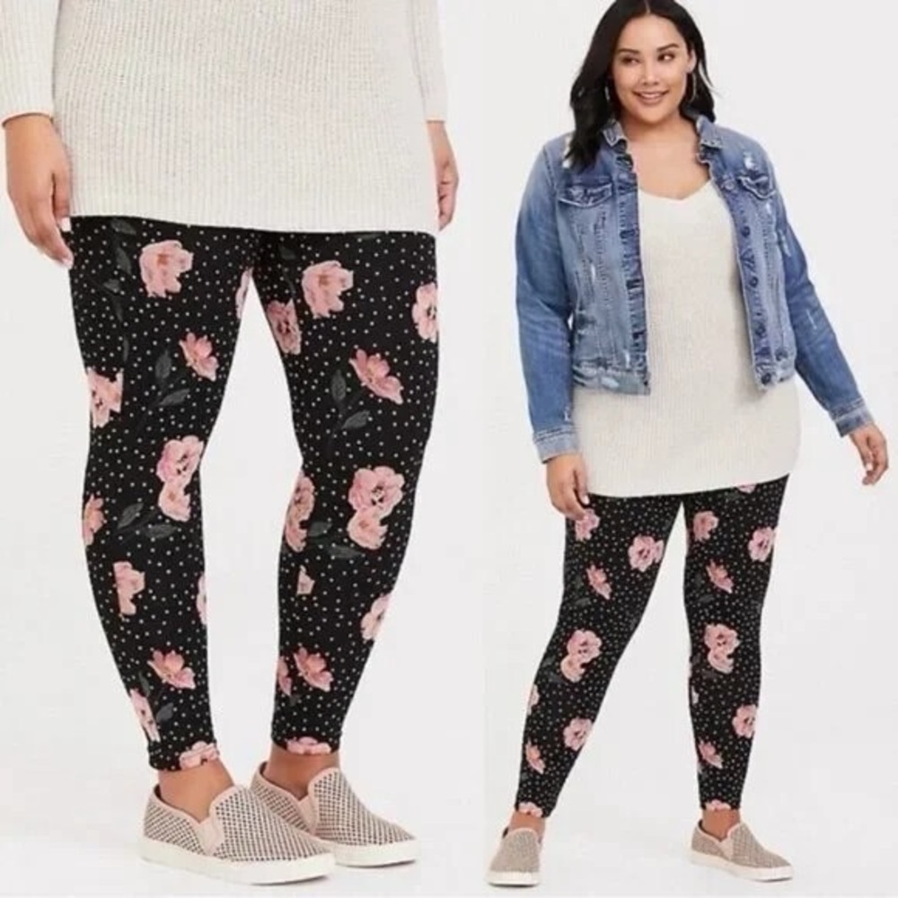 Torrid Signature Waist Leggings Black Pink Floral Polka Dot 2